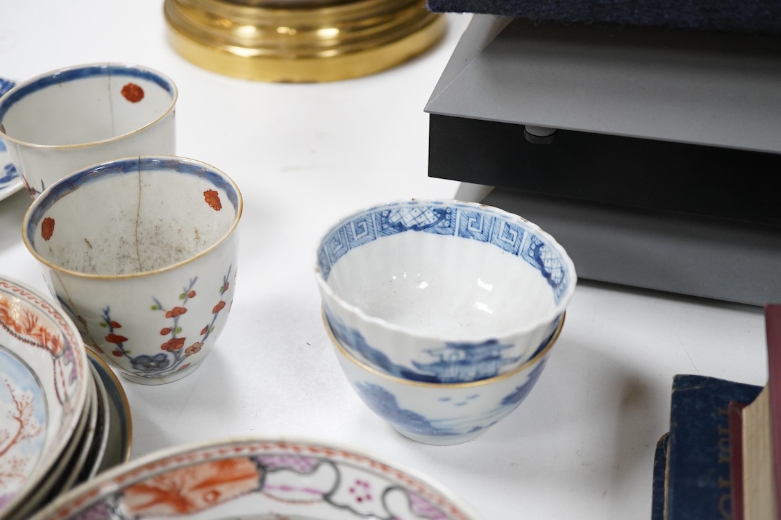 A group of 18th century Chinese export porcelain tea and coffee ware, including Mandarin pattern teapot and cover, two coffee cups and saucers, a blue and white teapot and cover various famille rose coffee cups, etc.